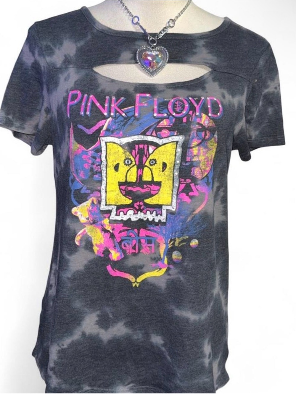 Pink Floyd Black Tie-Dye Short Sleeve Tee with Yellow & Pink Graphic